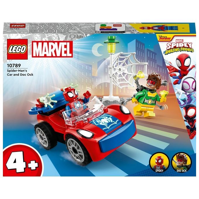LEGO Marvel Set. Rotes Auto mit Spidey-Figur. Doc Ock und Spidey-Logo. Altersempfehlung 4+. Verpackung mit Spidey-Motiven.
