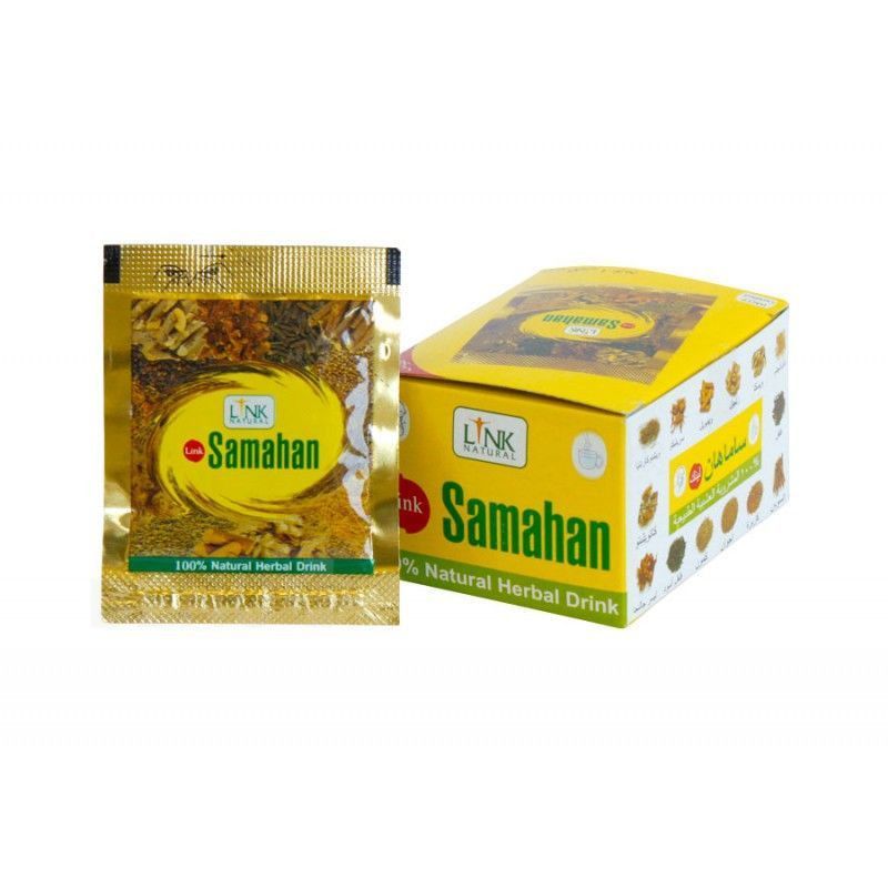 Samahan-Beutel und Schachtel. Aufschrift: Link Samahan, 100% Natural Herbal Drink.