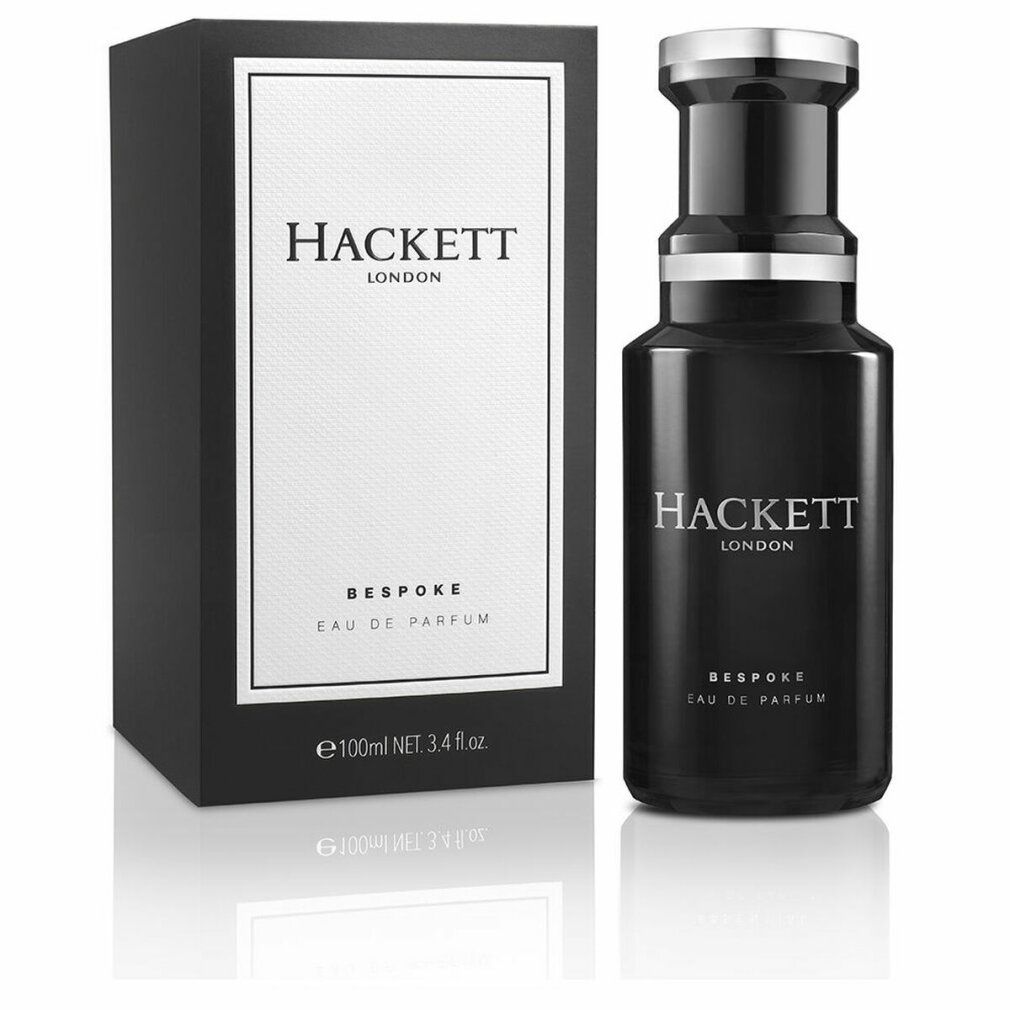 Schwarze Verpackung und Flasche. Aufschrift: HACKETT LONDON, BESPOKE, EAU DE PARFUM. Flasche: 100ml, 3.4 fl.oz.