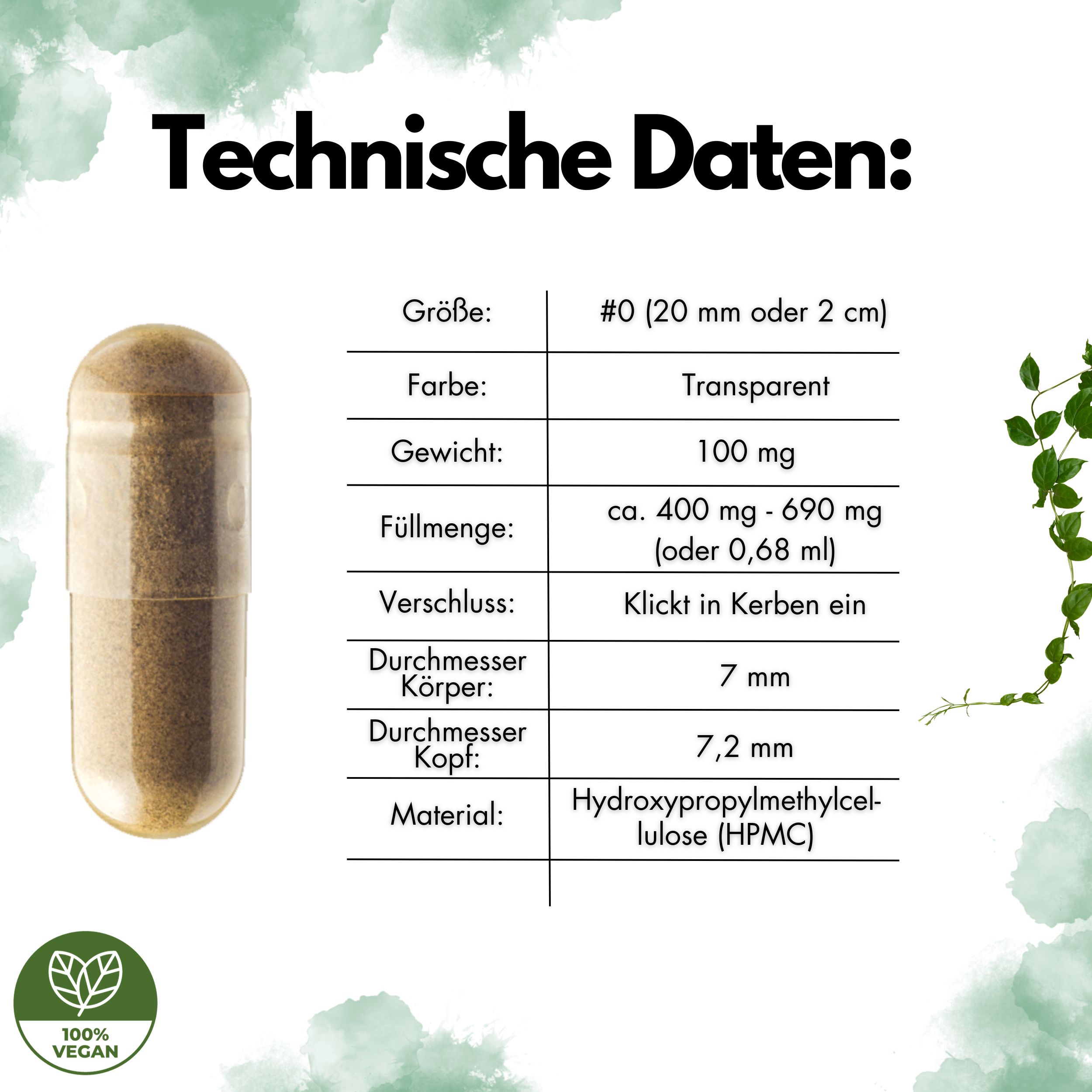 Einzelne Kapsel, transparente Farbe. Technische Daten: Größe #0, 20 mm, Gewicht 100 mg, Verschluss: Klick in Kerben ein.