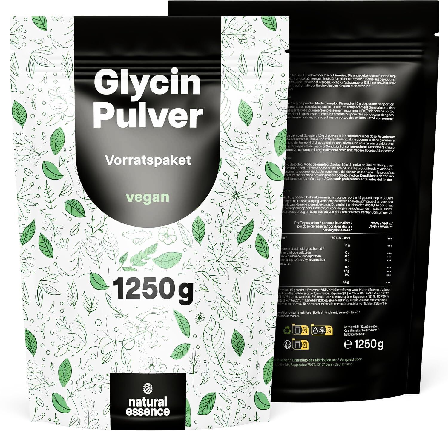Schwarze Verpackung mit "Glycin Pulver", "Vorratspaket", "vegan" und 1250g. Weißes Muster mit Blättern. Marke: natural essence.