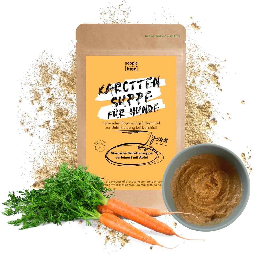 Beutel mit Karottensuppe für Hunde, Karotten, Karottensuppe in Schale. Text: Morosche Karottensuppe, verfeinert mit Apfel.