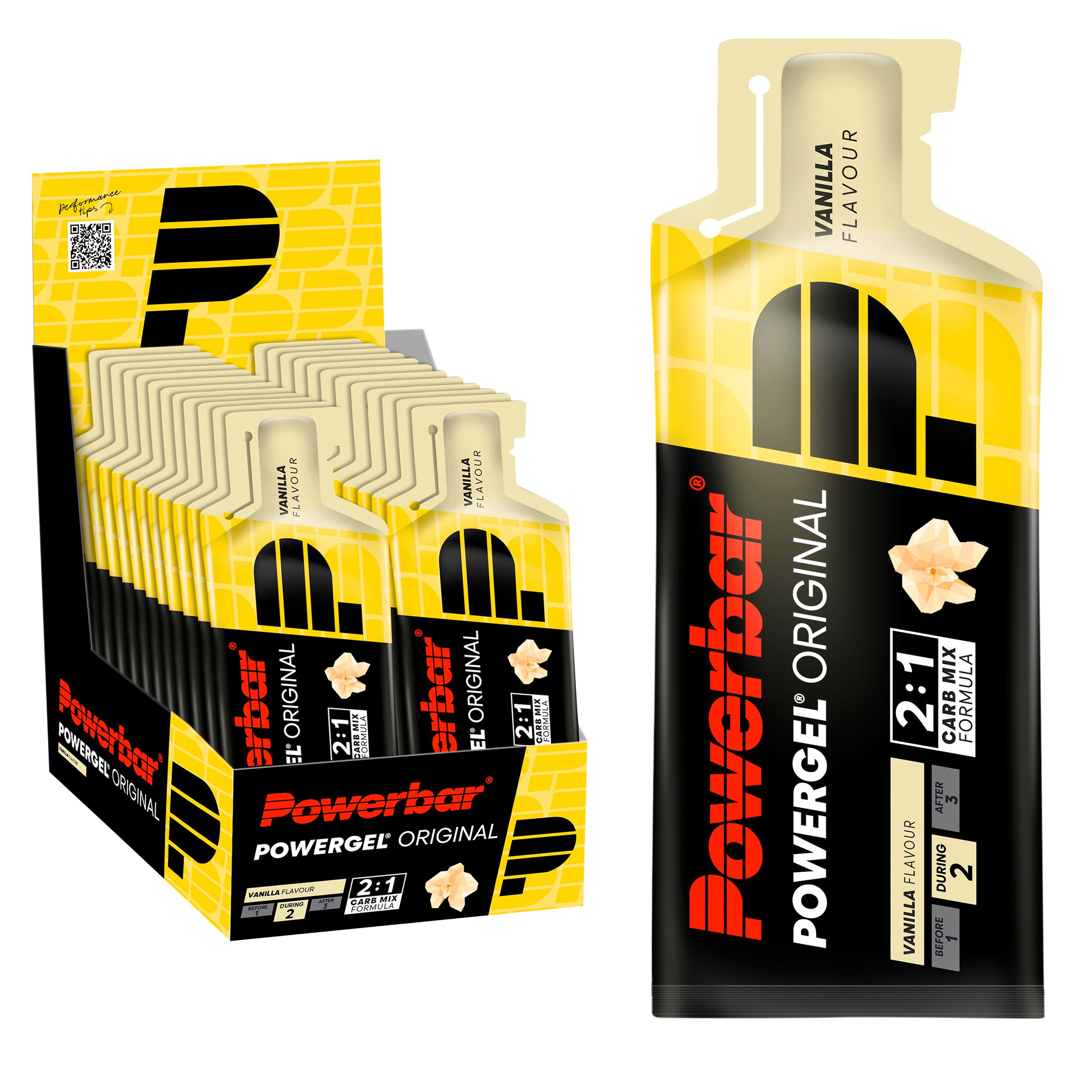 Powerbar PowerGel Original Gelpacks in einer Box und einzeln. Gelbe und schwarze Verpackung. Vanilla Flavour.