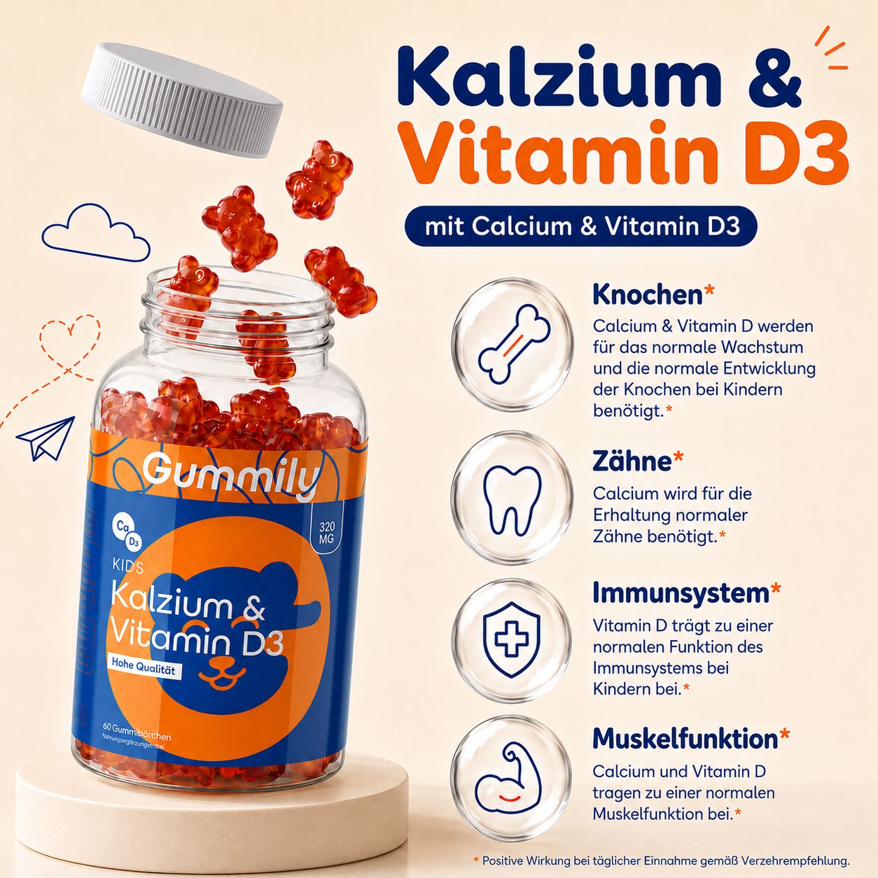 Gummily Kinder Kalzium & Vitamin D3 Flasche mit Nährwertangaben.