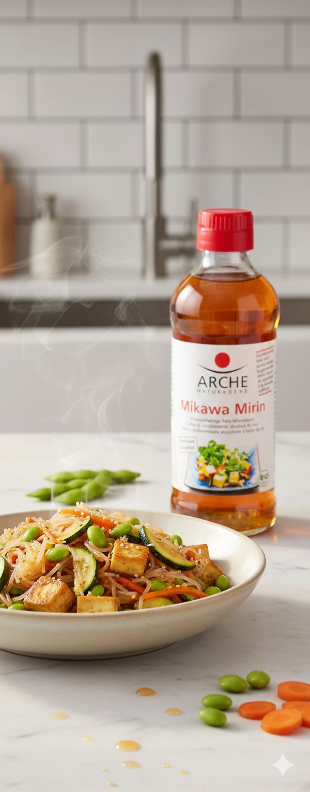 Arche Mikawa Mirin Reis-Würzsauce neben einer Schüssel Nudeln mit Gemüse und Tofu in einer Küche.