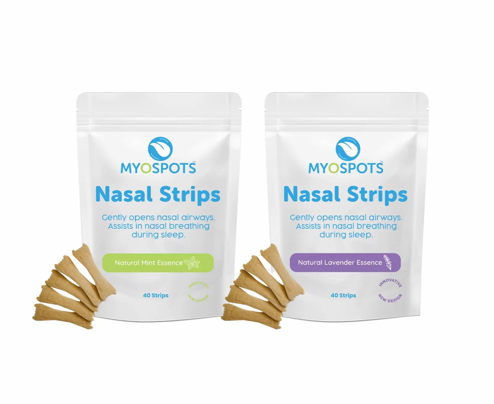 Zwei Packungen Nasenstrips mit Nasenpflastern daneben. Eine mit grüner, eine mit violetter Markierung.