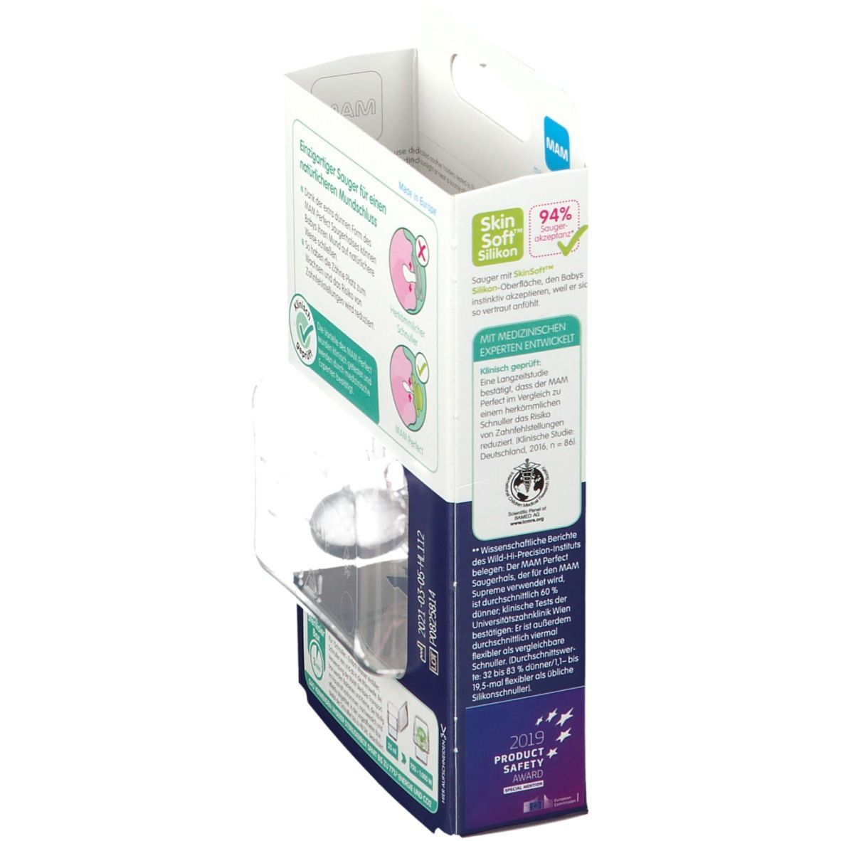 Verpackung mit Produktinformationen. Illustrationen des Schnullers. Text: SkinSoft Silikon, 94% Akzeptanz.