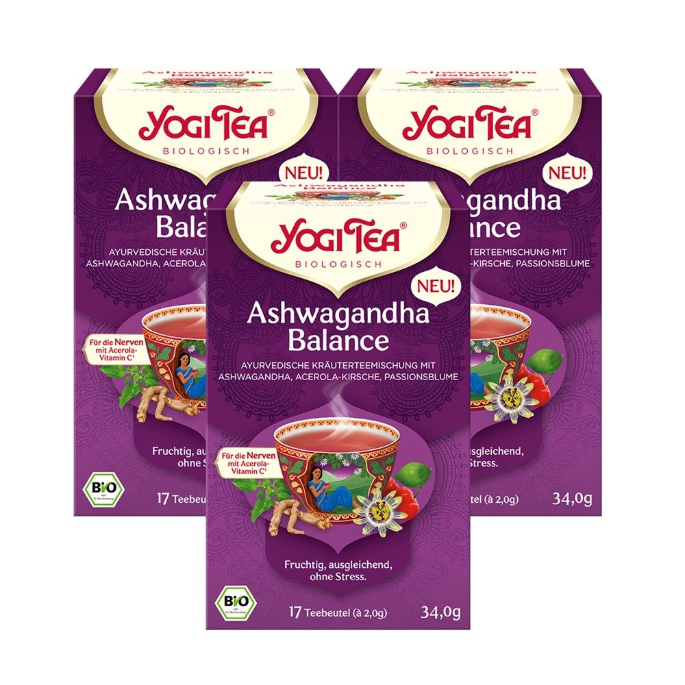 Drei Packungen Yogi Tea Ashwagandha Balance. Lila Verpackung mit Logo, Produktname und Inhaltsangaben. Bio-Siegel.