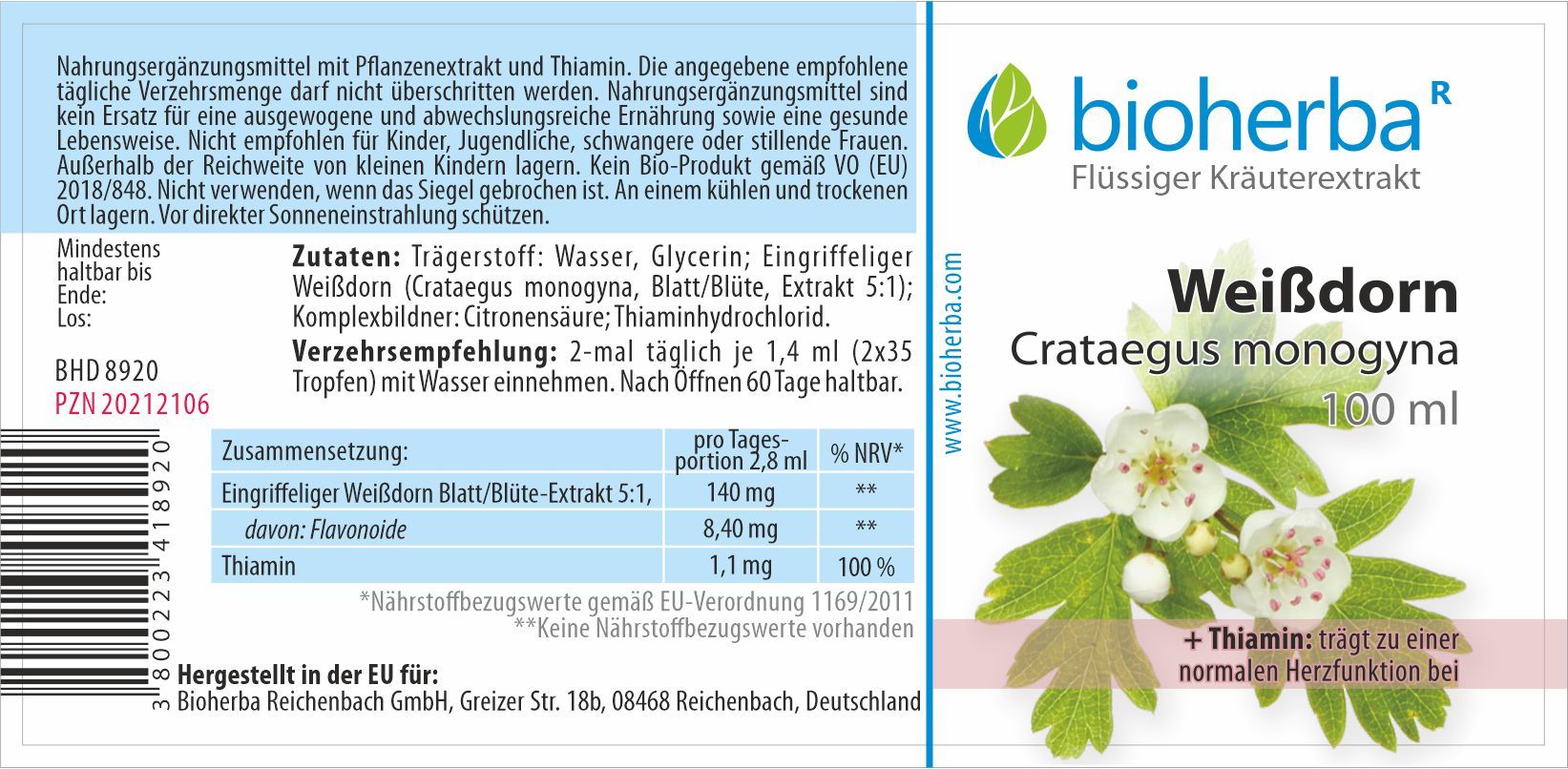 Weißdorn Crataegus monogyna Tropfen Tinktur 100 ml PZN 20212106