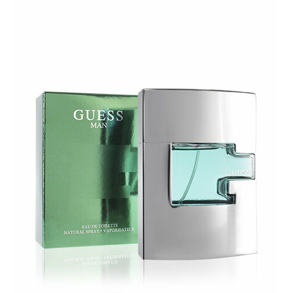 Silberner Flakon mit blauer Flüssigkeit. Grüne Verpackung mit Schriftzug GUESS MAN. Eau de Toilette Spray.