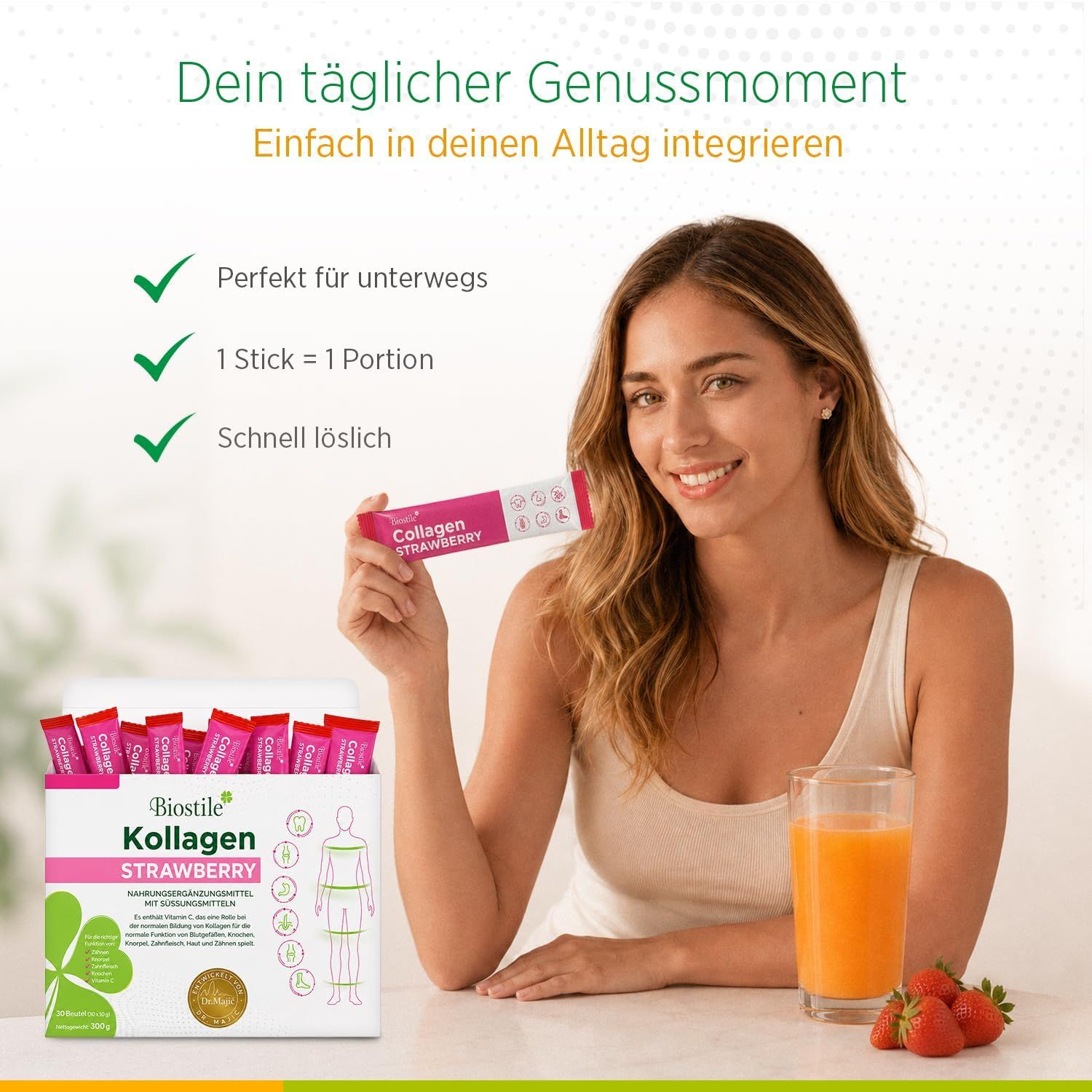 Biostile Collagen Strawberry Karton, Beutel, Erdbeeren und Glas Saft.