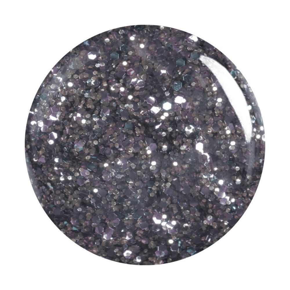 Runder, glitzernder Nagellack in Grau- und Silbertönen. Glänzende Oberfläche.