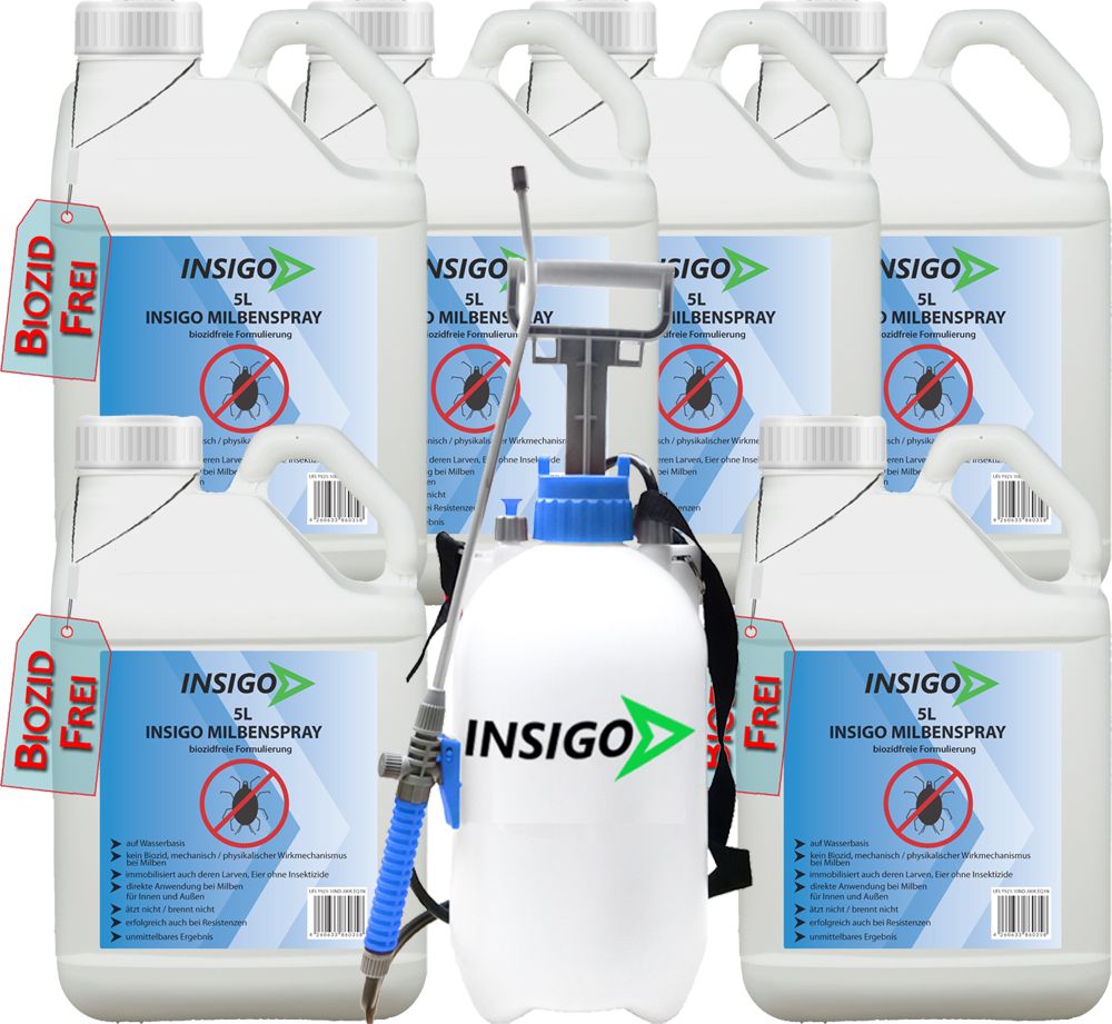 INSIGO Milbenspray: Mehrere 5L Kanister und ein Sprühgerät. Biozidfrei.