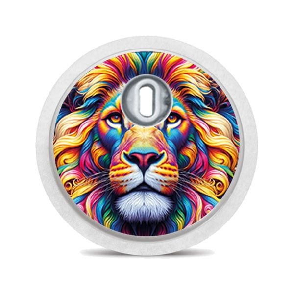 Runder Aufkleber mit einem Löwen-Gesicht. Bunte Farben. Der Aufkleber hat eine Aussparung für den Sensor.