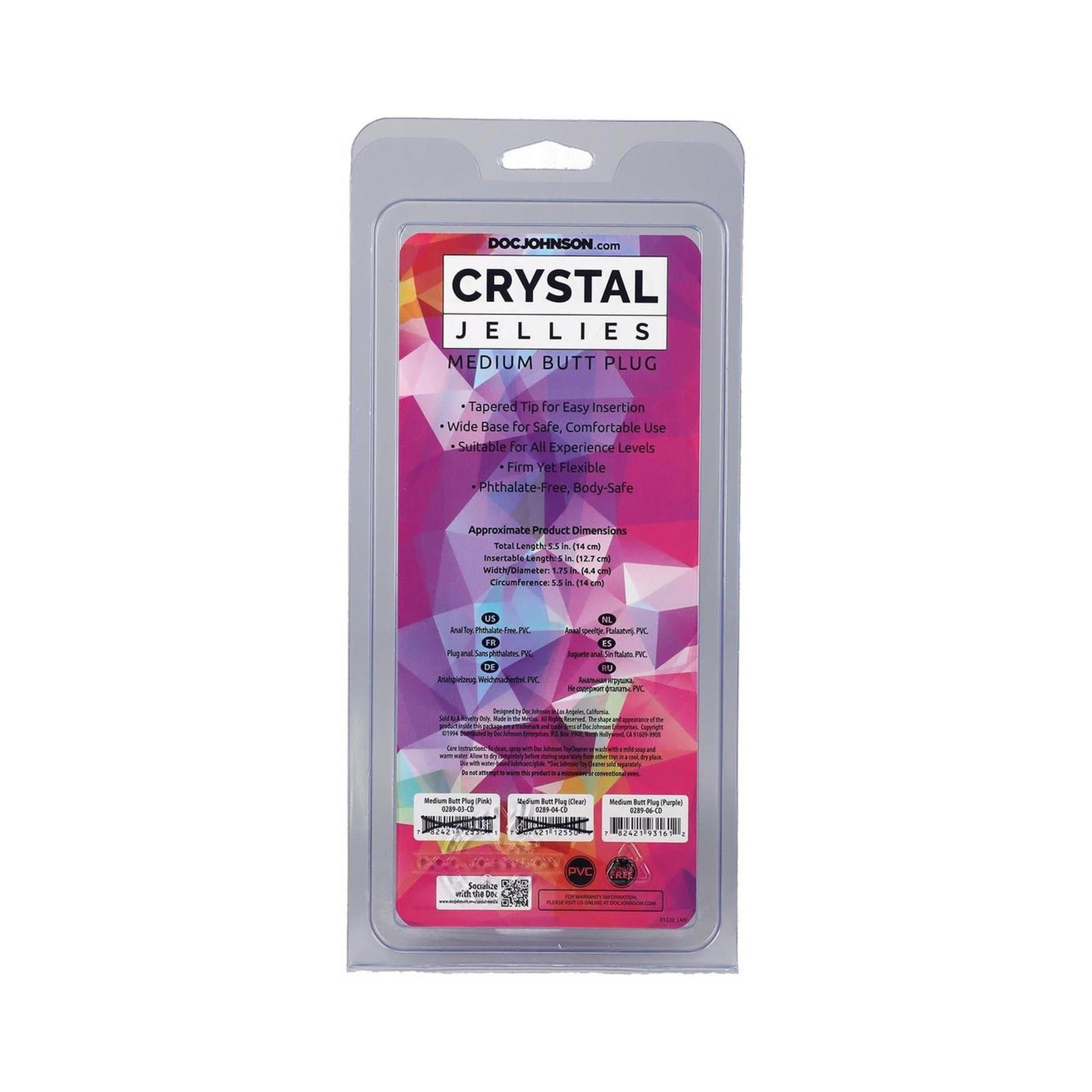 Rückseite der Verpackung. Marke: Doc Johnson. Aufschrift: Crystal Jellies, Medium Butt Plug. Produktinformationen.