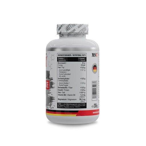 Weiße Flasche mit roter und grauer Beschriftung. Enthält Magnesium Bisglycinat + Chelat. Nährwertangaben auf der Rückseite.