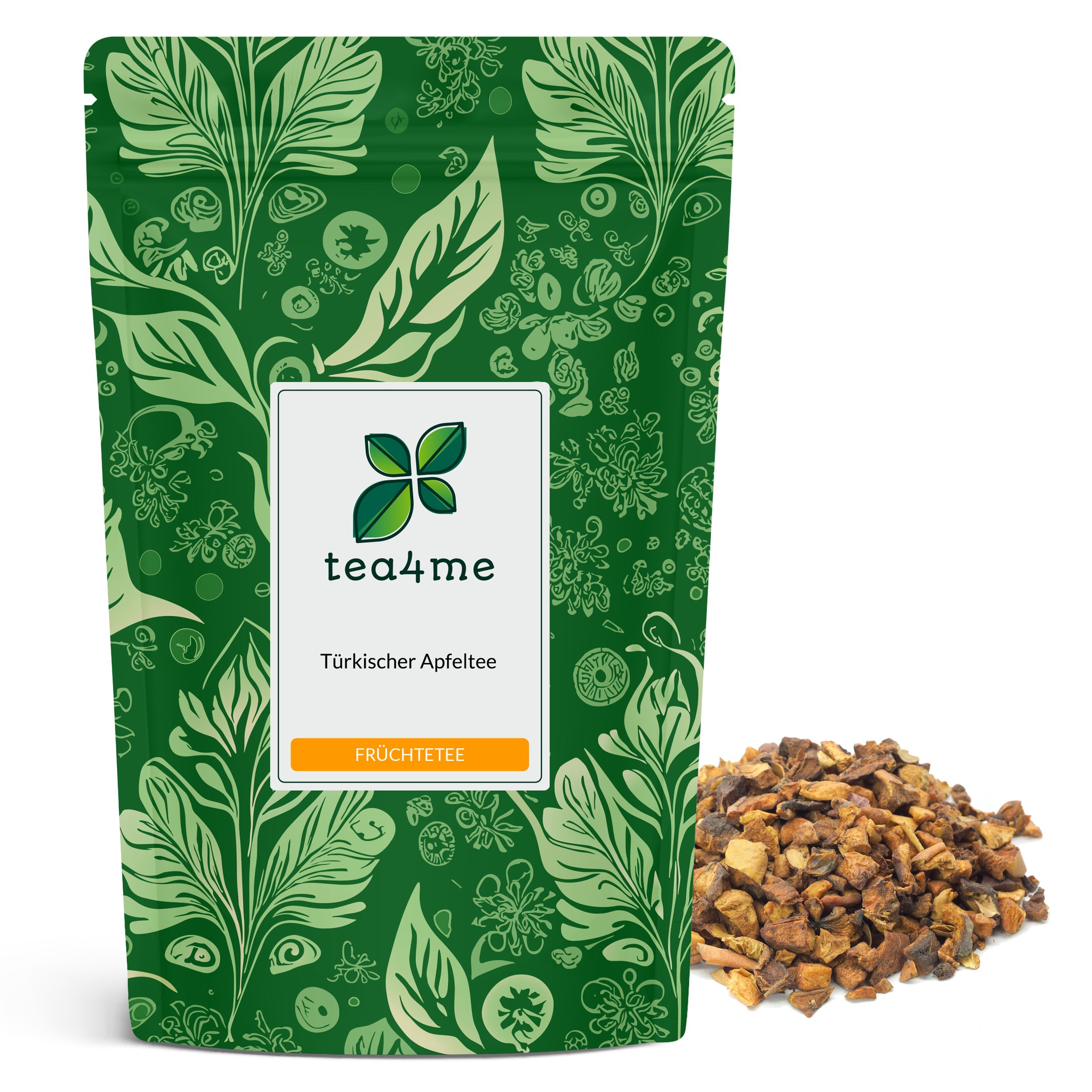 Grüner Beutel mit floralem Muster. Aufschrift: tea4me Türkischer Apfeltee Früchtetee. Daneben loser Früchtetee.