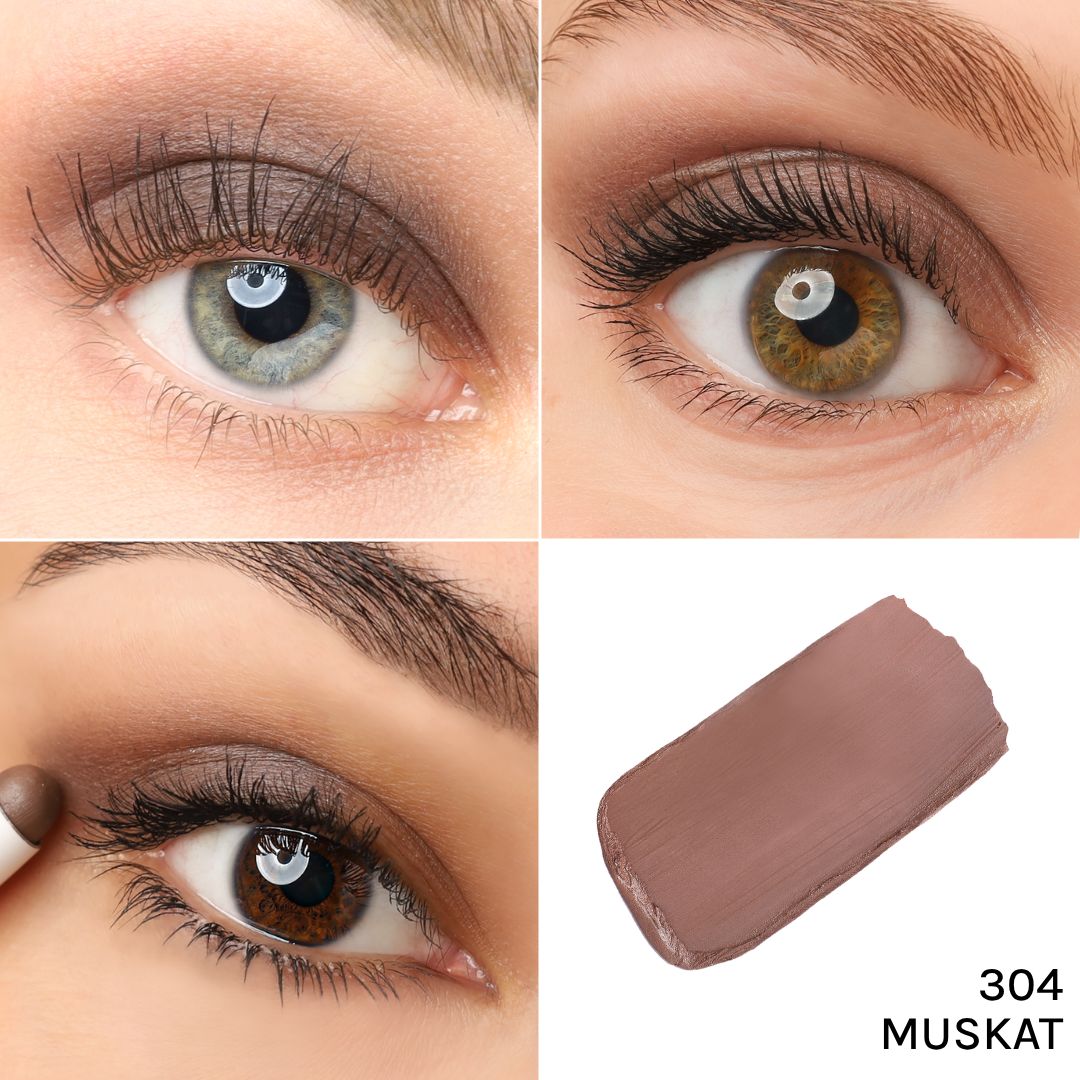 Nahaufnahmen von Augen mit Lidschatten. Ein Farbmuster des Lidschattens ist ebenfalls abgebildet. Die Farbe ist Muskat.