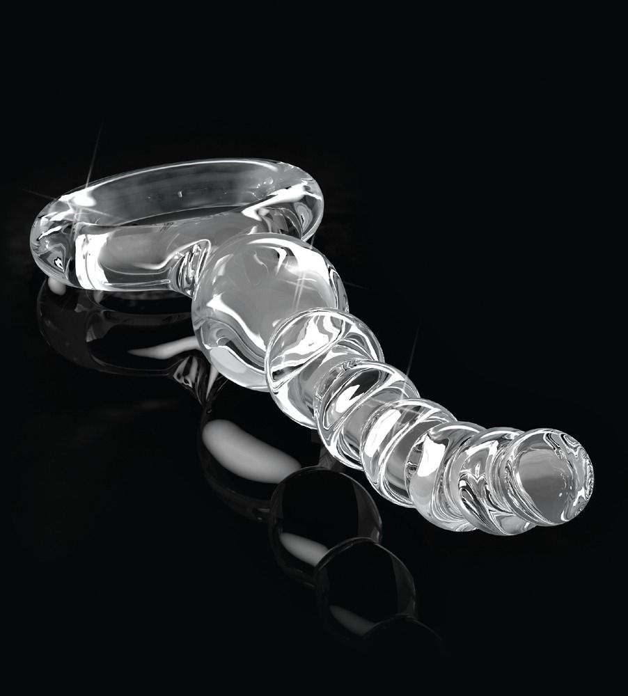 Glas-Analkugelkette mit ovalem Griff auf schwarzem Hintergrund.