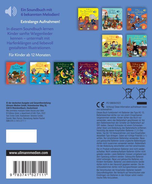 Rückseite eines Soundbuchs mit Illustrationen von Büchern. Text: Soundbuch mit 6 Melodien. Für Kinder ab 12 Monaten. Barcode und CE-Zeichen.