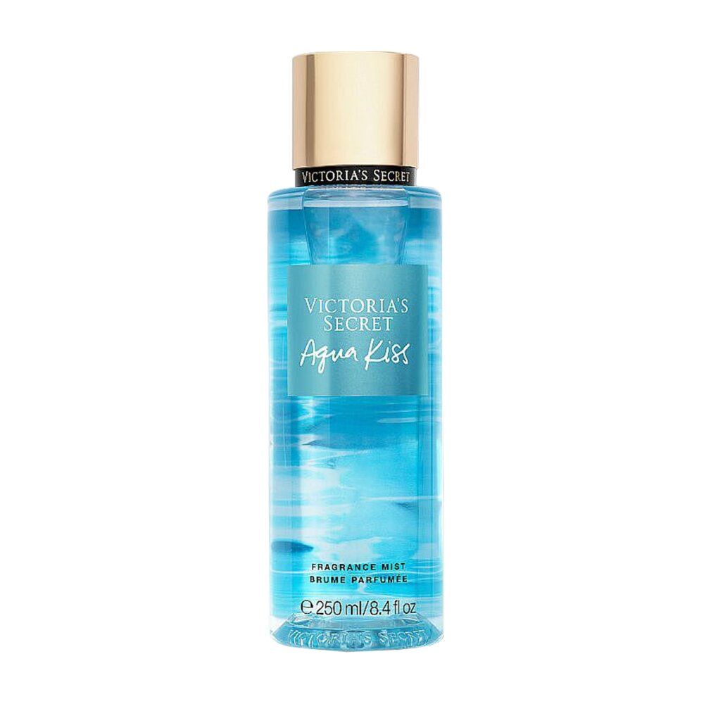 Körpernebel Victoria's Secret Aqua Kiss. Flasche mit blauem Inhalt, goldfarbenem Deckel. Aufschrift Aqua Kiss und 250 ml.