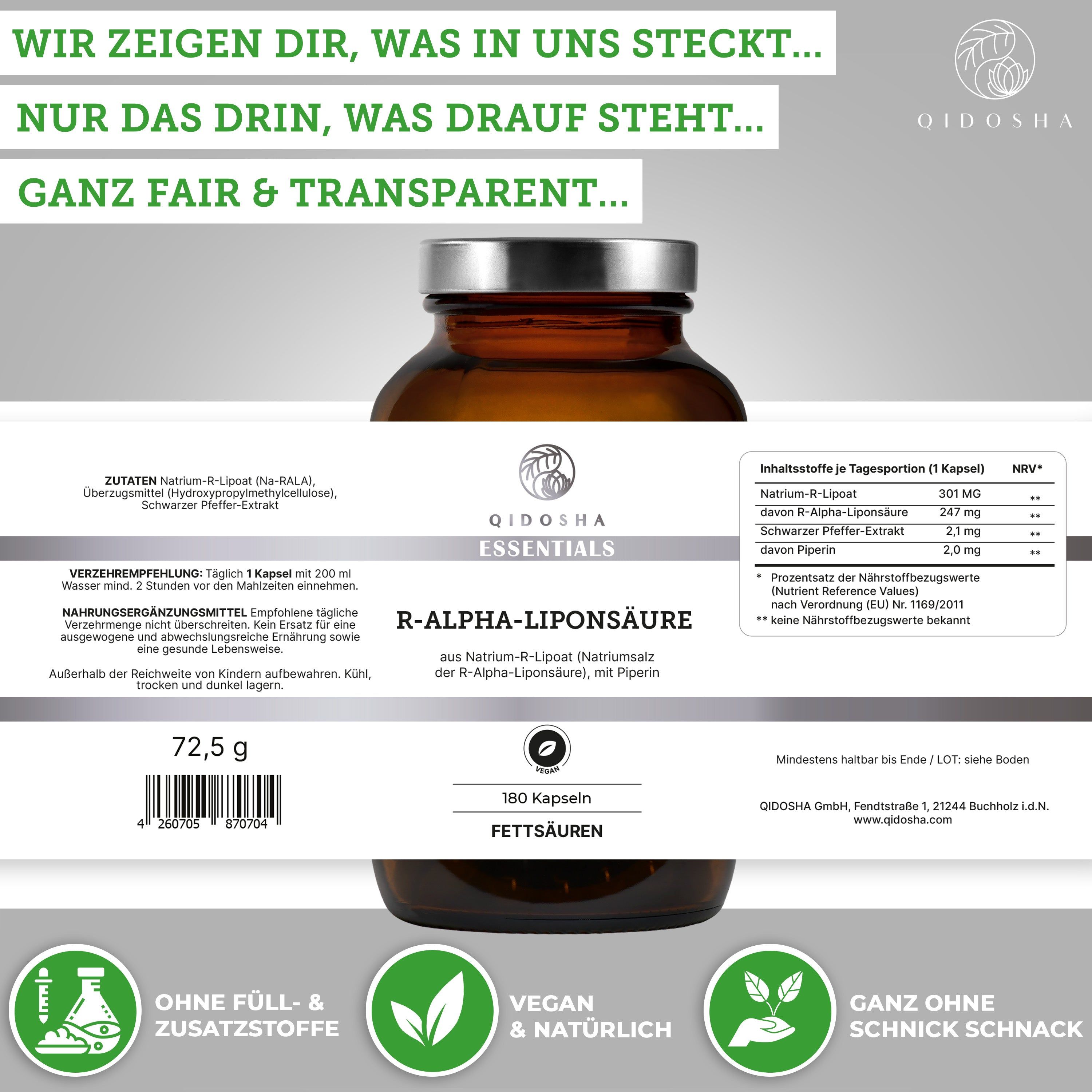 QIDOSHA R-Alpha-Liponsäure aus Natrium-R-Lipoat plus Piperin