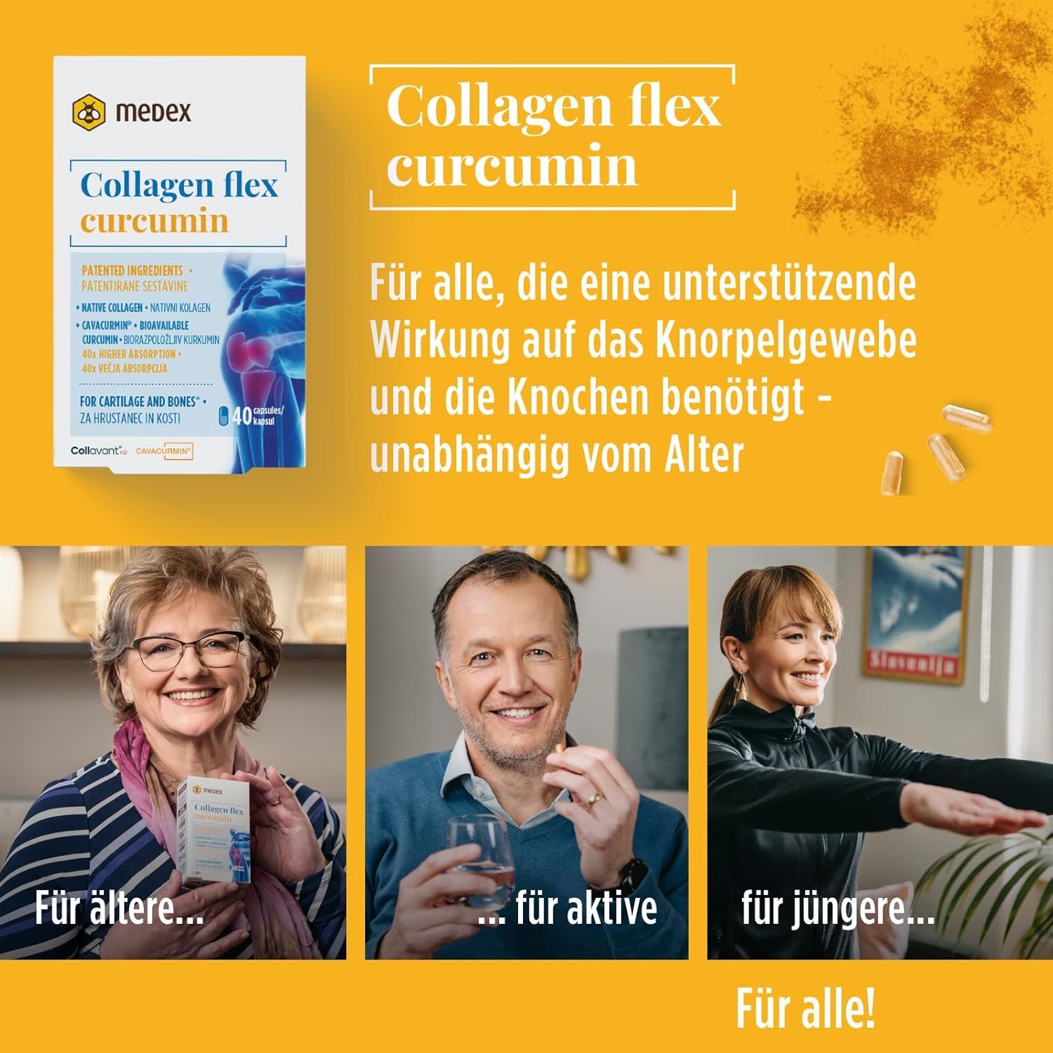 Produktverpackung von Medex Collagen Flex Curcumin. Enthält Kapseln. Gelber Hintergrund mit Personen unterschiedlichen Alters.