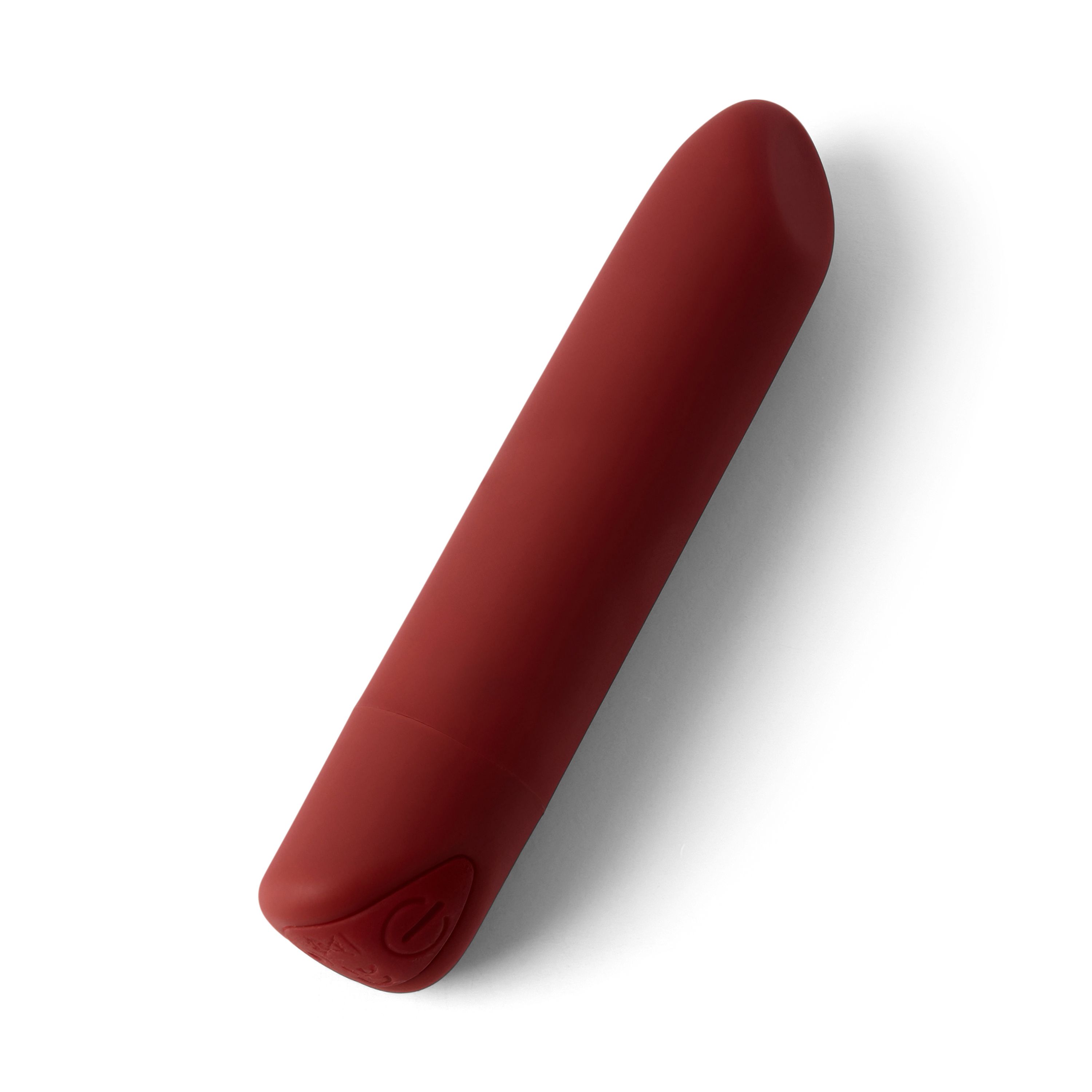 Roter, länglicher Gegenstand mit abgerundeten Enden. An einem Ende ein Bedienfeld mit Symbol. Auf weißem Hintergrund.