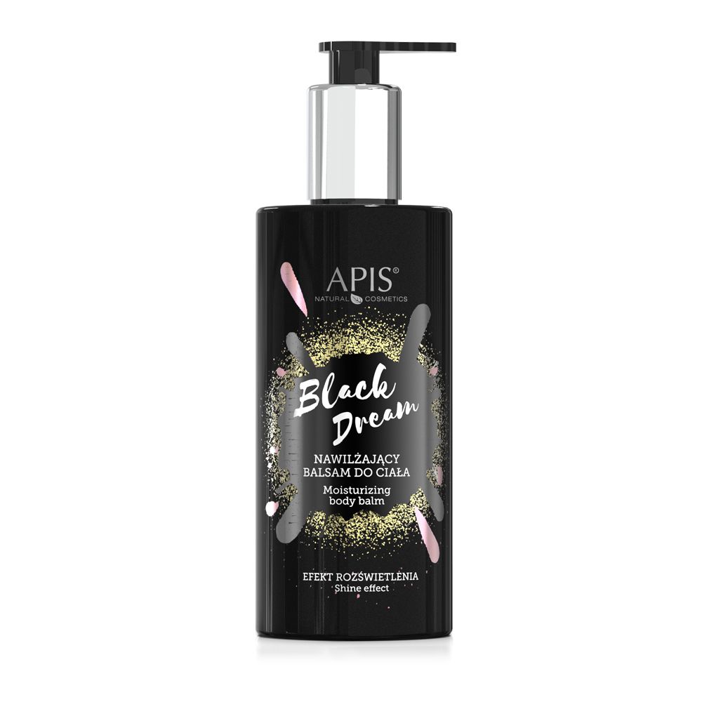 Schwarze Lotionflasche mit Pumpe. Aufschrift: APIS, Black Dream, Feuchtigkeitsspendende Körperlotion. Glanzeffekt.