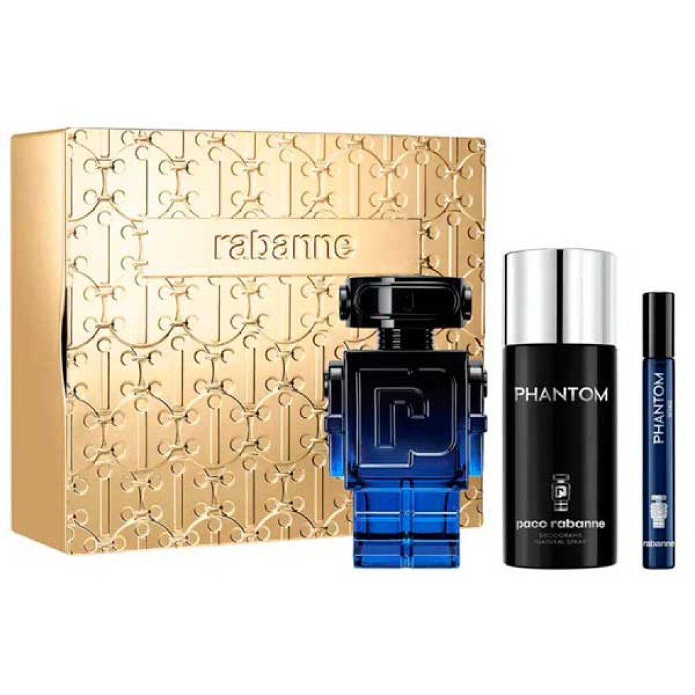 Paco Rabanne Phantom Geschenkset mit Roboter-Parfümflakon, Deodorant und Reisezerstäuber auf goldener Verpackung.