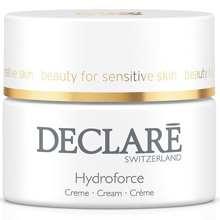 Weißer Tiegel mit goldfarbenem Deckel. Schriftzug DECLARÉ, Hydroforce, Creme. Text: beauty for sensitive skin.