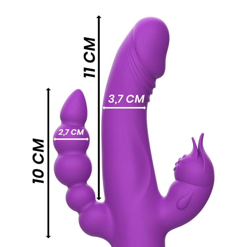 Lila Vibrator mit Größenangaben. Die Maße sind 11 cm hoch, 3,7 cm breit und 10 cm hoch, 2,7 cm breit.