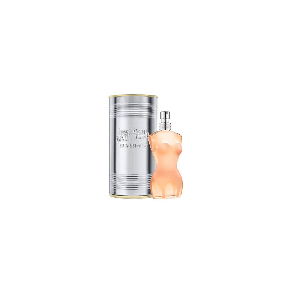 Parfümflakon in Frauenkörperform neben Dose. Flakon transparent, rosa. Dose silberfarben, Aufschrift.