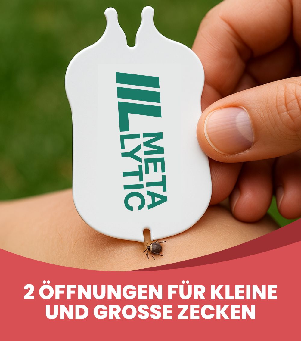 Weißes Werkzeug mit 2 Öffnungen zur Zeckenentfernung. MetaLytic Logo. Zecke auf Haut.