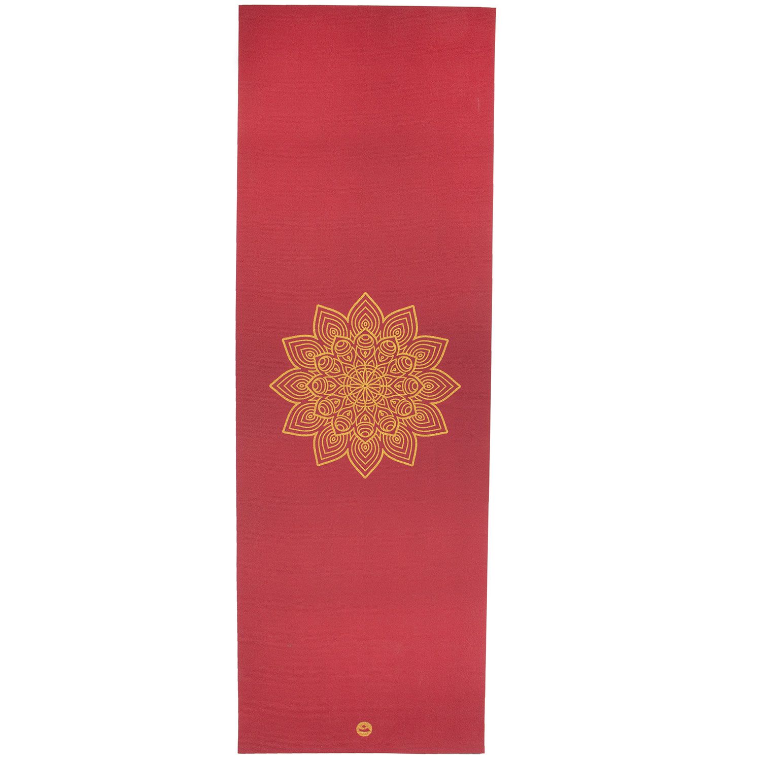 Bordeauxfarbene Yogamatte mit goldenem Mandala-Muster. Rechteckig, flach liegend. Logo am unteren Rand.