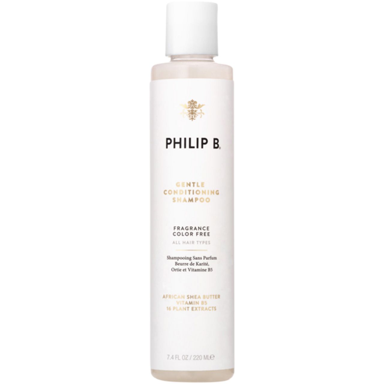 Flasche Philip B Gentle Conditioning Shampoo. Weißes Etikett mit Produktnamen und Inhaltsangaben. Weißer Deckel.