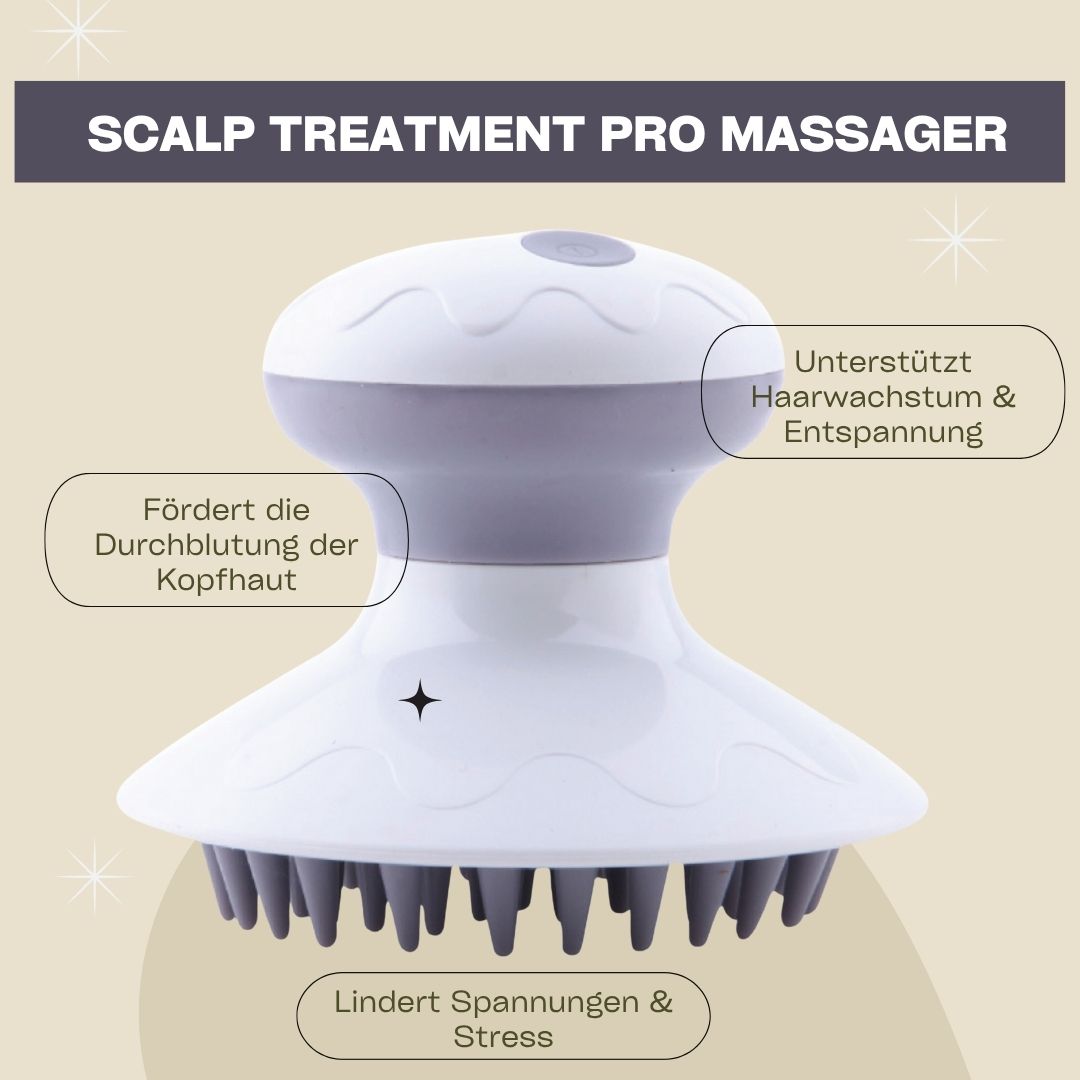 Weißes und graues Massagegerät mit Text. Text: "Scalp Treatment Pro Massager", "Fördert die Durchblutung", "Lindert Spannungen".
