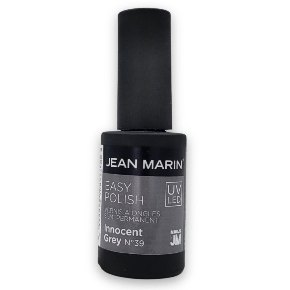 Graue Nagellackflasche mit schwarzem Deckel. Aufschrift: JEAN MARIN, EASY POLISH, Innocent Grey N°39, UV LED.