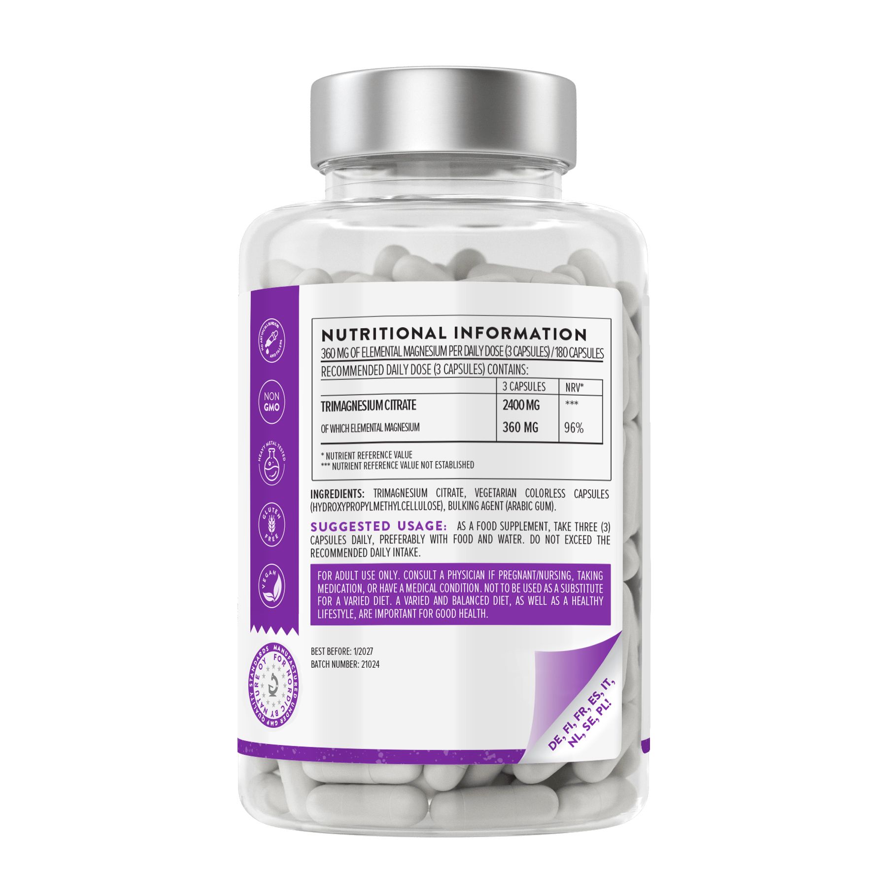 Rückseite einer Flasche mit Magnesium Citrat Kapseln. Nährwertangaben und Inhaltsstoffe sind sichtbar.