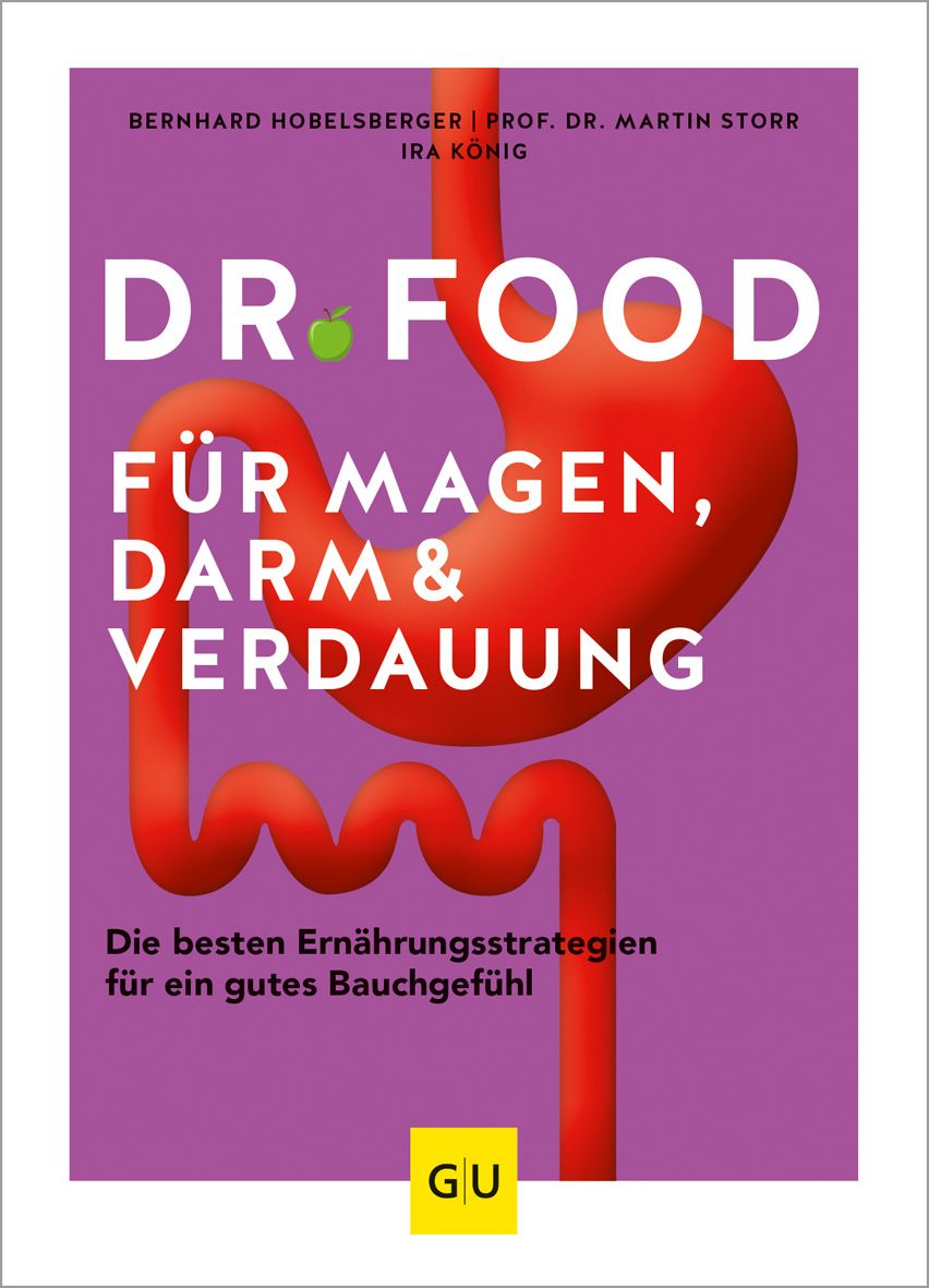 Buchcover mit Titel DR. FOOD FÜR MAGEN, DARM & VERDAUUNG. Auf lila Hintergrund, rote Illustration von Magen und Darm. GU-Logo.