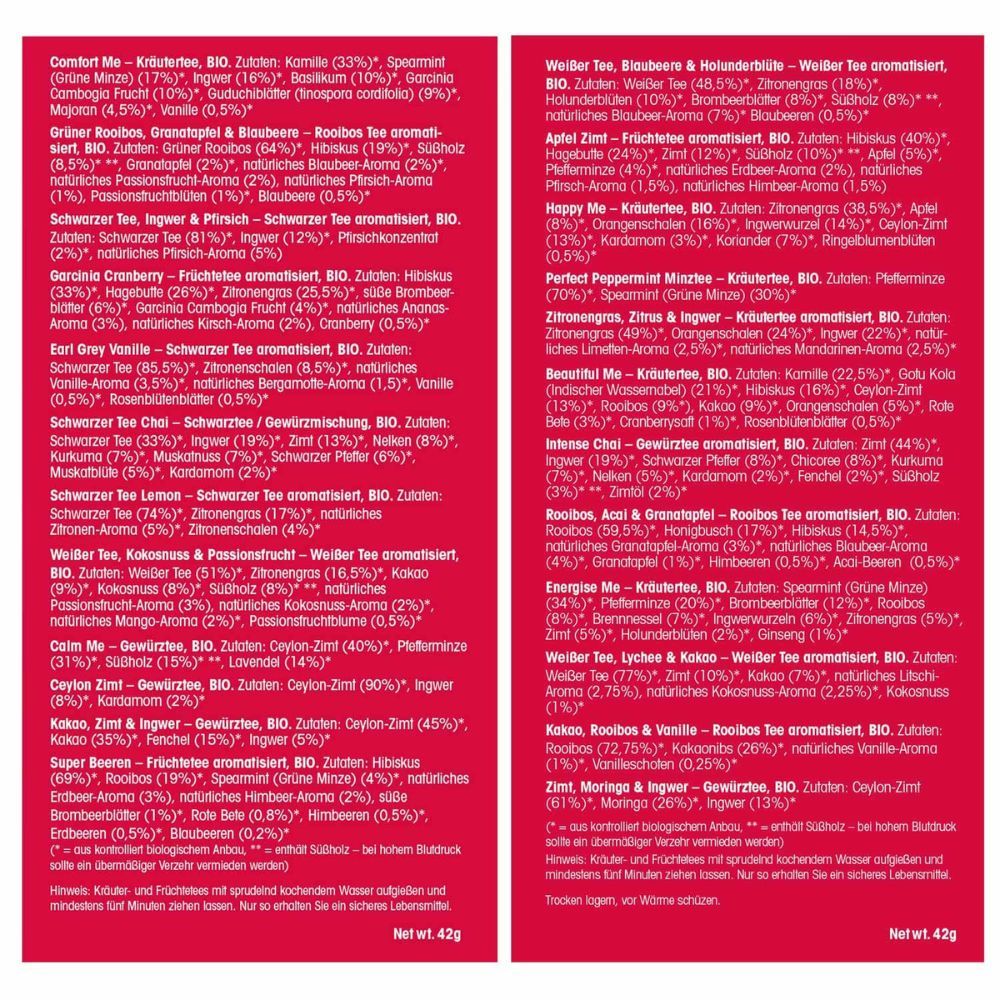 Rückseite der Adventskalender-Verpackung. Text in deutscher und englischer Sprache. Zutatenliste und Nährwertangaben.