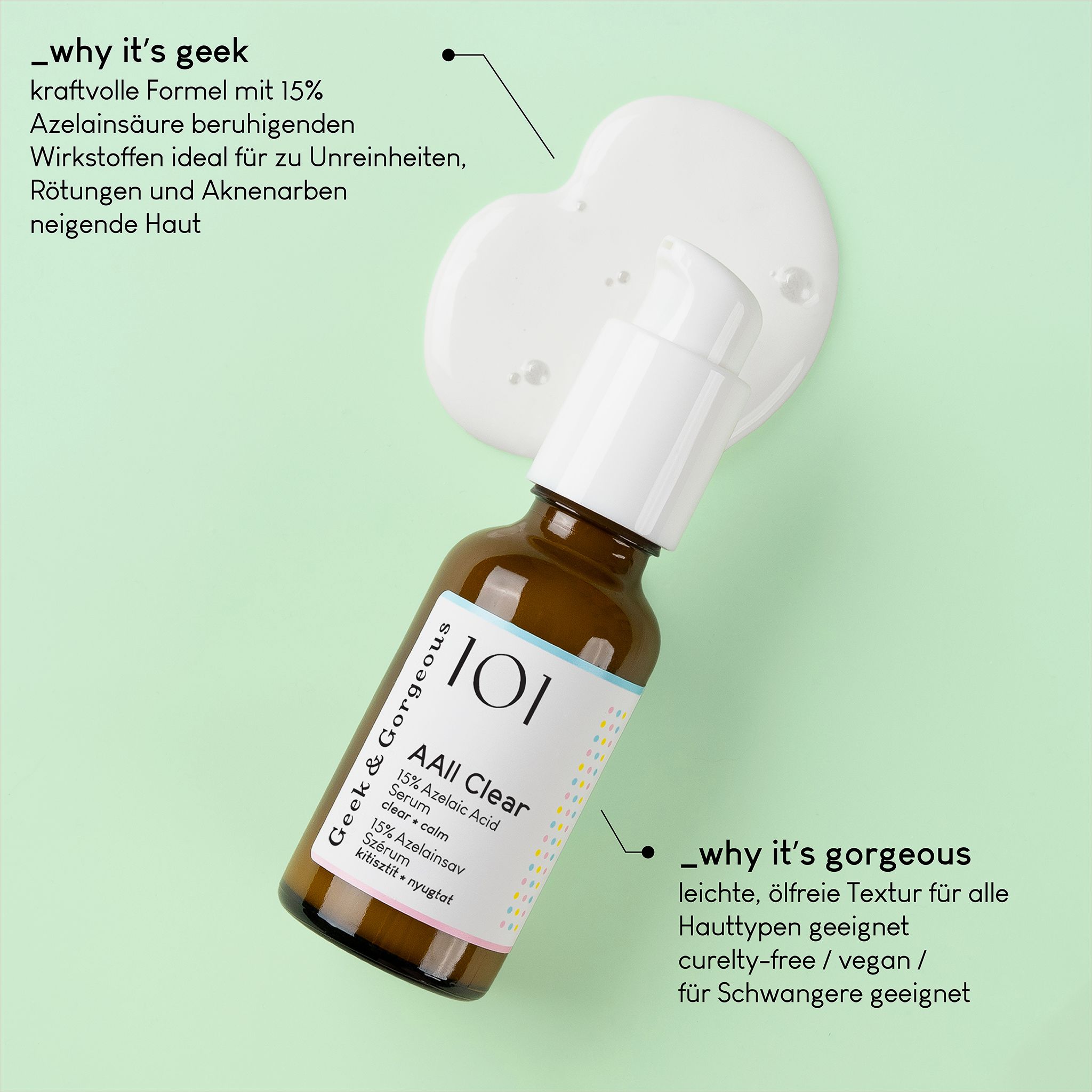Braune Glasflasche mit Pumpspender, Etikett mit "101 AAll Clear 15% Azelaic Acid Serum" und Text.