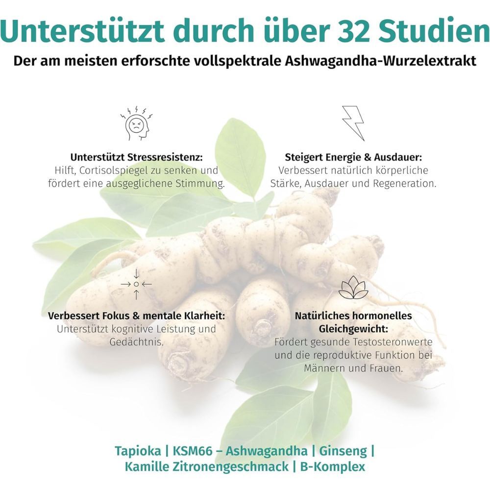 Ashwagandha Wurzeln und Blätter. Text erklärt Vorteile: Stressresistenz, Energie, Fokus, hormonelles Gleichgewicht.