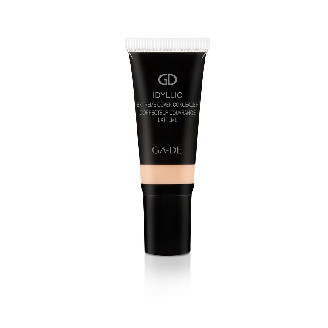 Concealer-Tube, schwarz, mit weißem Deckel. Aufschrift: GD Idyllic Extreme Cover Concealer. Farbton sichtbar.