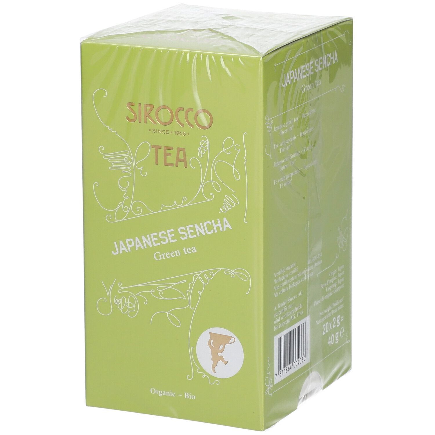 Verpackung von Japanese Sencha Tee, in Folie eingeschweißt. Aufschrift: Sirocco Tea, Japanese Sencha, Green tea. Bio-Siegel.