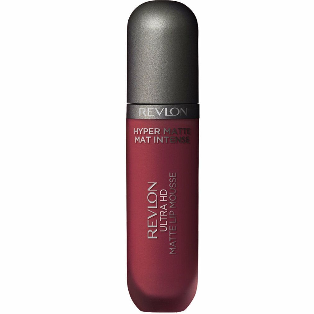 Revlon Ultra HD Matte Lip Color. Rote, längliche Flasche mit schwarzem Deckel. Produktbezeichnung und Schriftzug.