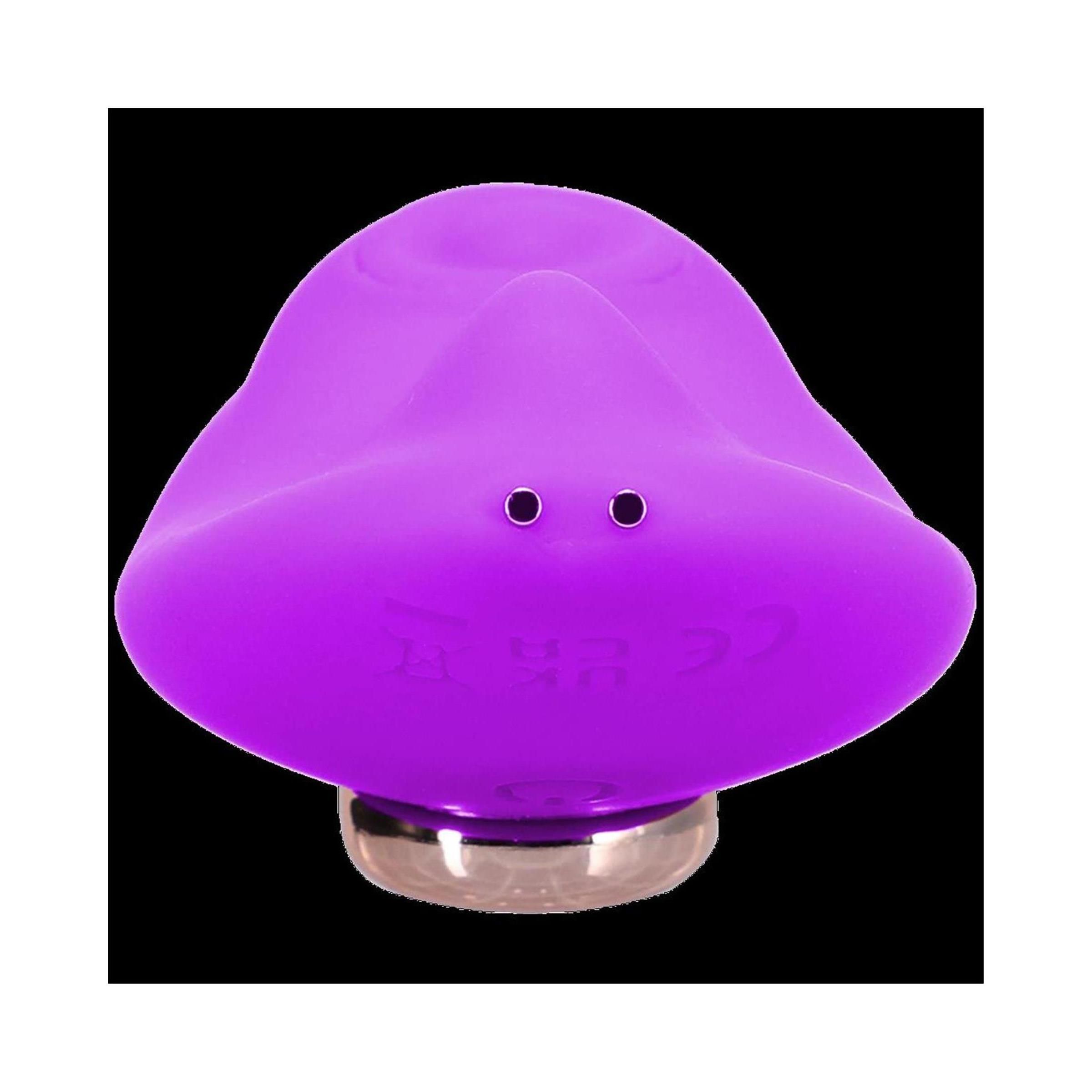 Lila Vibrator mit zwei kleinen Löchern. Runde Basis. Detailansicht.