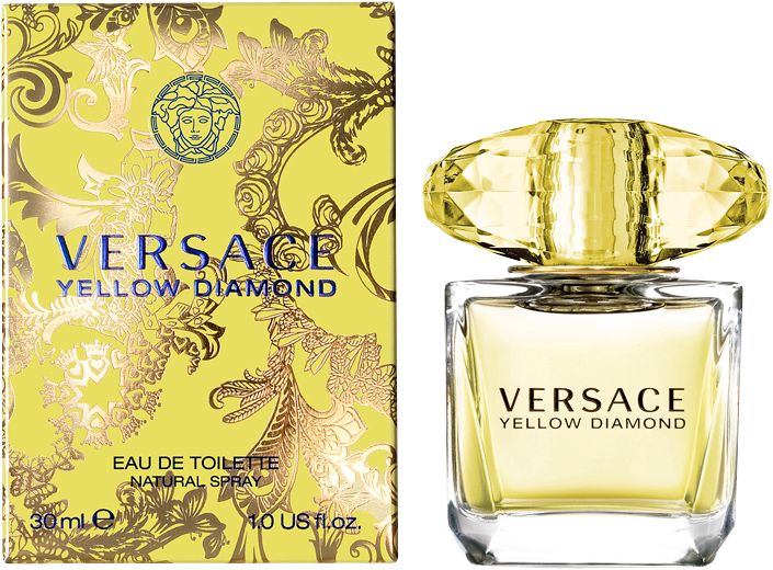 Versace Yellow Diamond Eau de Toilette Spray mit Verpackung. Gelbe Flasche und Box. Logo und Name.