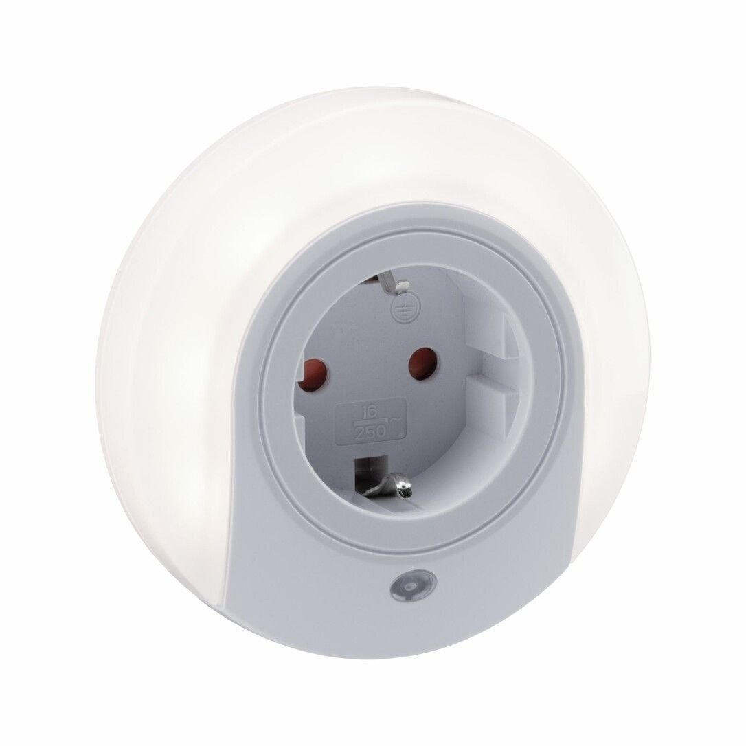 Steckdose mit LED-Nachtlicht, weißes Gehäuse, grauer Sockel, runde Form, Stecker.