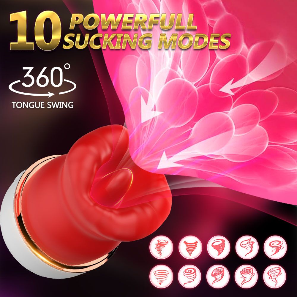 Grafik mit Produktabbildung und Text: 10 Powerful Sucking Modes. Zeigt Sogmuster und Pfeile.